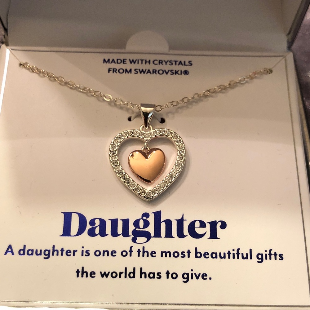 Silver Heart Pendant Swarovski Crystal Necklace with Rose Gold Colored Center